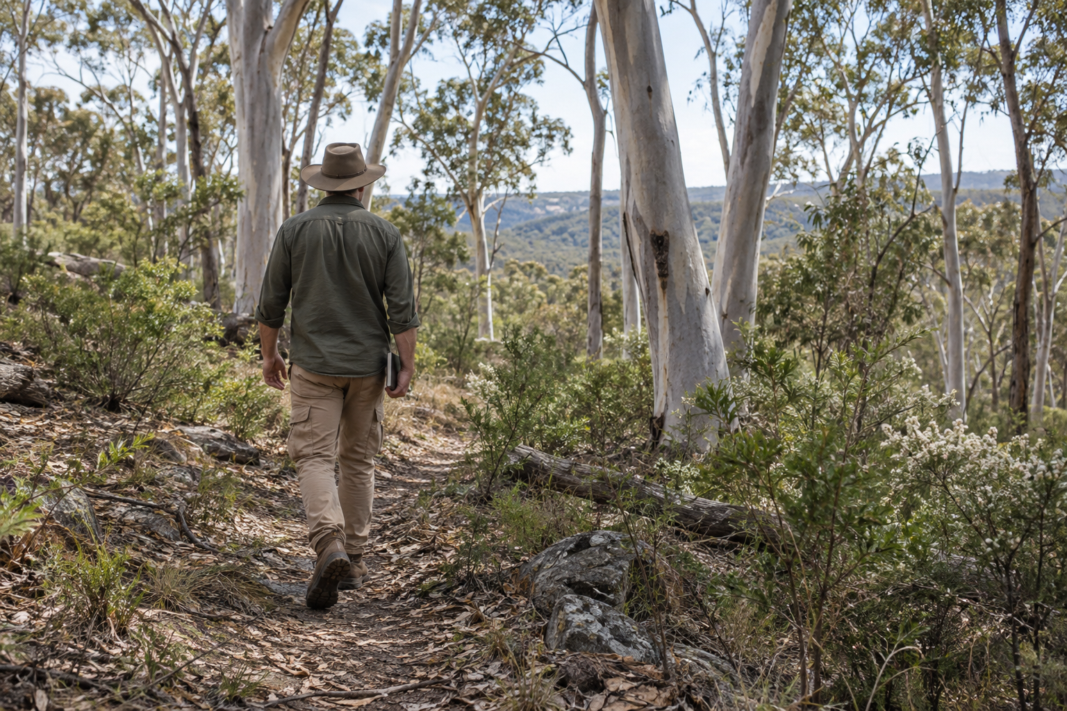 Conservation worker walking through Western Australian woodland